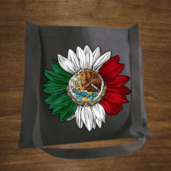 Mexico Flag Sunflower Cotton Canvas Crossbody Messenger Tote Bag with Long Strap - Picture 3 of 8